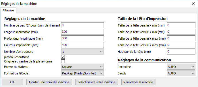 CURA - réglage de la machine Alfawise