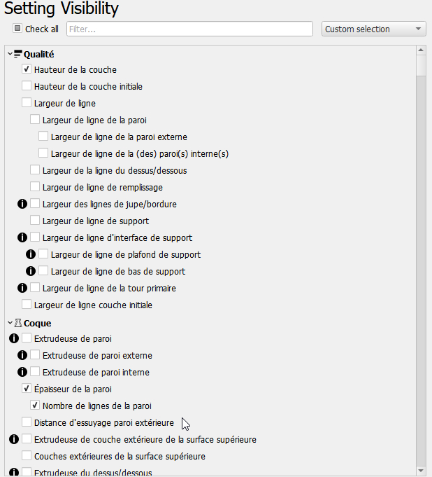 paramètres visibles dans CURA